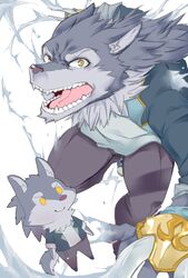  angry canid canine canis claws clothed clothing doll duo fully_clothed hair hati_(tas) hi_res lifewonders male mammal mane mane_hair osaruyan tokyo_afterschool_summoners water wolf yellow_eyes 