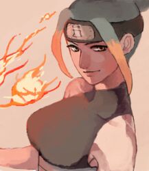  bare_shoulders drawr female flame forehead_protector gon_(er4gu3) green_hair looking_at_viewer multicolored_hair naruto naruto_shippuuden orange_eyes orange_hair pakura pakura_(naruto) smirk solo sunagakure_symbol two-tone_hair 