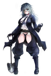  aqua_eyes black_footwear black_gloves black_necktie black_panties boots borrowed_character breasts chaps commentary_request cross eyepatch female full_body gloves grey_hair harusame-r highleg highres jewelry large_breasts long_hair mouth_hold navel necklace necktie original panties shion_(kageshio) shovel simple_background solo standing underwear white_background 