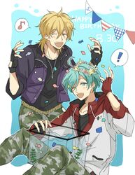  2boys ahoge alpachiiino aqua_hair athletics_(ensemble_stars!) blonde_hair blue_eyes closed_eyes commentary_request ensemble_stars! fish fish_tank hakaze_kaoru happy_birthday hood hooded_jacket jacket long_hair long_sleeves male_focus multiple_boys open_mouth pennant shinkai_kanata smile string_of_flags 