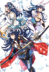  3girls animal_ears blue_eyes blue_hair bug butterfly commentary_request dress easter_egg egg fire_emblem fire_emblem_awakening fire_emblem_heroes flower hair_flower hair_ornament leotard long_hair looking_at_viewer lucina_(brave_princess)_(fire_emblem) lucina_(fire_emblem) lucina_(spring)_(fire_emblem) multiple_girls multiple_persona official_alternate_costume polearm puffy_short_sleeves puffy_sleeves rabbit_ears shield short_sleeves simple_background spear sword wani_(fadgrith) weapon wedding_dress 