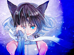  animal_ears black_hair blue_eyes catmesi female female fingerless_gloves gloves kyoukaisenjou_no_horizon satomi_yoshiyasu shoulders solo 