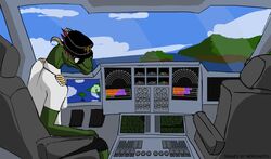  aircraft airplane anthro argonian blue_eyes breasts clothing cockpit feathers female hi_res horn inside_airplane looking_at_viewer mercrantos microsoft non-mammal_breasts scalie screen solo the_elder_scrolls uniform vehicle 