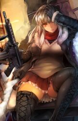  ahoge assault_rifle black_footwear black_thighhighs boots breasts commentary_request cross-laced_footwear female fur_trim gun hand_on_own_head harusame-r jacket lace-up_boots large_breasts long_hair looking_at_viewer m4_carbine original red_eyes rifle scarf sitting skirt snow solo sweater thigh_boots thighhighs weapon white_hair zettai_ryouiki 