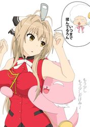  1boy amagi_brilliant_park antenna_hair bow breasts brown_eyes brown_hair commentary_request cosplay female gobanme_no_mayoi_neko grabbing grabbing_another&#039;s_breast grabbing_from_behind hair_intakes hairbow highres long_hair looking_back macaron_(amaburi) ponytail sento_isuzu sento_isuzu_(cosplay) skinsuit sleeveless straight sweatdrop thought_bubble tiramii translated uniform white_background zipper 