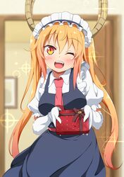  ;d blonde_hair blush box commentary_request dragon_girl dragon_horns dress female gift gift_box gloves highres holding holding_gift horns indoors kei_(0497) kobayashi-san_chi_no_maidragon long_hair looking_at_viewer maid maid_headdress necktie one_eye_closed open_mouth red_eyes red_necktie short_sleeves slit_pupils smile solo sparkle standing tohru_(maidragon) twintails white_gloves 