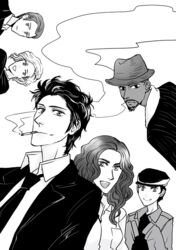  angela_dodson cabbie_hat chas_chandler cigarette dark_skin dc_comics demon facial_hair fedora formal gabriel goatee hat hellblazer john_constantine monochrome multiple_boys necktie open_mouth papa_midnight petri smile smoking suit 