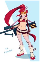  artist_name bikini_top black_gloves boots breasts female female fingerless_gloves gloves long_hair pink_legwear ponytail red_hair scarf short_shorts shorts solo standing tengen_toppa_gurren_lagann thighhighs typo_(requiemdusk) very_long_hair weapon yellow_eyes yoko_littner 