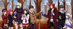  4boys 4girls alternate_costume black_hair blue_eyes blush bow brother_and_sister checkered_clothes checkered_scarf coat commentary_request crepe dual_persona earrings food fur_coat gloves hairband hisui_(tsukihime) inui_arihiko jewelry kohaku_(tsukihime) long_hair melty_blood multiple_boys multiple_girls nanaya_shiki open_mouth pointy_ears red_eyes red_hair ribbon scarf short_hair siblings sisters skirt smile tan thighhighs tohno_akiha tohno_shiki tohno_shiki_(2) tsukihime twins urako white_hair white_len_(tsukihime) winter winter_clothes yellow_eyes 