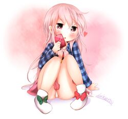  bikuseno blue_shirt commentary_request female full_body hata_no_kokoro heart highres long_hair open_mouth panties pink_eyes pink_hair pink_skirt plaid plaid_shirt shirt shoes skirt solo touhou underwear white_footwear 