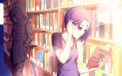  1boy beast_boy_(dc) book bookshelf dc_comics female garfield_logan green_skin hood jacket library momijigirl nail_polish purple_eyes purple_hair purple_nails purple_shirt raven_(dc) reading shelf teen_titans 