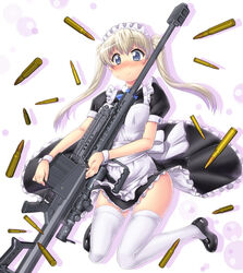  anti-materiel_rifle bad_id bad_pixiv_id barrett_m82 black_footwear blonde_hair blue_eyes blush cartridge commentary_request female full_body gun hase_yu little_armory long_hair looking_at_viewer maid maid_headdress partial_commentary puffy_short_sleeves puffy_sleeves rifle shoes short_sleeves simple_background smile sniper_rifle solo teruyasu_maria thighhighs twintails weapon white_background white_thighhighs wrist_cuffs 