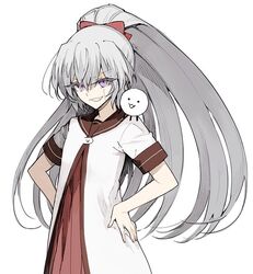  akuma_no_riddle banba_mahiru banba_shin&#039;ya commentary_request cosplay dual_persona female grey_hair long_hair minakata_sunao namori_(character) nanamori_school_uniform official_art ootsubo_yuka parody ponytail purple_eyes scar school_uniform serafuku smile toshinou_kyouko toshinou_kyouko_(cosplay) voice_actor_connection yuru_yuri 