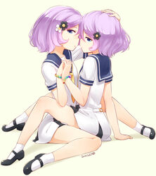  2girls :o between_legs blue_eyes blush bracelet breasts buckle commentary_request dated dress flower from_side full_body gradient hair_between_eyes hair_flower hair_ornament hand_on_another&#039;s_head incest interlocked_fingers jewelry karakuri_futaba karakuri_hitoha legs looking_at_viewer mary_janes multiple_girls nagian necktie open_mouth pleated_dress profile purple_hair rainbow_order sailor_collar school_uniform serafuku shadow shoes short_dress short_hair short_sleeves siblings simple_background sisters sitting sitting_on_lap sitting_on_person sleeve_cuffs small_breasts socks straddling tokyo_7th_sisters twincest twins yuri 