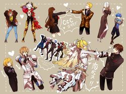  ass blonde_hair blue_eyes blue_hair bodysuit butt_crack commentary_request dark_skin dress fate/extra fate/extra_ccc fate_(series) fox_tail gatou_monji gawain_(fate) gilgamesh_(fate) gilgamesh_(modern_costume_of_volupte)_(fate) glasses gloves green_eyes green_hair hans_christian_andersen_(fate) highres index_finger_raised jinako_carigiri julius_belkisk_harway karna_(fate) kishinami_hakuno_(female) kishinami_hakuno_(male) koi_dance leonard_bistario_harway long_hair matou_shinji multicolored_hair multiple_boys multiple_girls nero_claudius_(bride)_(fate) nero_claudius_(fate) official_alternate_costume open_mouth pale_skin pink_hair protected_link rani_viii sessyoin_kiara short_hair smile sub_(subrgwe) tail tohsaka_rin tohsaka_rin_(fate/extra) veil white_bodysuit white_dress white_hair 