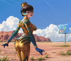  ad armor arms_at_sides artist_name ass billboard blue_gloves blue_sky bodysuit breasts brown_eyes brown_hair c_home champion_zarya cloud cloudy_sky commentary_request covered_nipples cowboy_shot d.va_(overwatch) dated day desert elbow_gloves female from_behind gauntlets gloves grass hair_bun headgear headphones high_collar highres junebug_d.va legs_together lipstick looking_at_viewer looking_back lucio_(overwatch) makeup medium_breasts mirrored_text no_harness nose official_alternate_costume open_mouth outdoors overwatch overwatch_1 pauldrons photoshop_(medium) red_lips selecao_lucio short_hair shoulder_armor shoulder_pads single_hair_bun skin_tight sky smile solo spiked_gauntlets teeth title tracer_(overwatch) track_and_field_tracer wristband yellow_bodysuit zarya_(overwatch) 