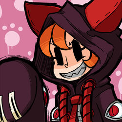  animal_ears animal_hood bad_id bad_pixiv_id blazblue cat_ears cat_hood cosplay extra_eyes eye_socket fake_animal_ears female gias-ex-machella grin hood hoodie mechanical_arms orange_hair peacock_(skullgirls) red_eyes ribbon sharp_teeth short_hair skullgirls smile solo taokaka taokaka_(cosplay) teeth 