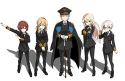  5girls alternate_costume bismarck_(kantai_collection) black_ribbon blue_eyes blush brown_eyes brown_hair cane crossed_arms female_admiral_(kantai_collection) germany grey_hair hair_ribbon iron_cross iwasaki_takashi jacket jacket_on_shoulders kantai_collection kriegsmarine long_hair long_sleeves military military_uniform multiple_girls necktie old_woman pants prinz_eugen_(kantai_collection) ribbon salute shoes short_hair silver_hair simple_background twintails uniform white_background z1_leberecht_maass_(kantai_collection) z3_max_schultz_(kantai_collection) 