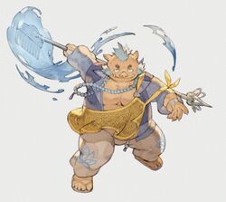  1boy animal_ears bara bead_necklace beads belly blue_hair boar_boy boar_ears broom brown_fur chataro1412 fangs fighting_stance full_body furry furry_male ganglie_(housamo) holding holding_broom jewelry long_sideburns male_focus mohawk muscular muscular_male necklace pectoral_cleavage pectorals plump short_hair sideburns smile solo tokyo_afterschool_summoners water 