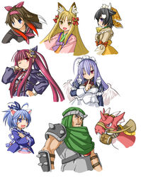  1boy 6+girls ;) ahoge alucard_lore animal_ears armor bad_id bad_pixiv_id bell black_hair blonde_hair blue_eyes blue_hair blush_stickers bow brown_hair cat_ears character_request collage copyright_request crossed_arms dragon emil_chronicle_online facial_hair feathered_wings fox_ears hair_ribbon hairband hairbow hand_on_own_hip headband huge_ahoge japanese_clothes kasuga_yukihito loki_alma long_hair low_wings maid maid_headdress mitama_kyrie momo_alma moustache multiple_girls nekomata_sora one_eye_closed pauldrons purple_hair red_eyes red_hair ribbon rie school_uniform serafuku short_hair shoulder_armor shugoma_uzuki smile spikes turban upper_body vambraces wings yellow_eyes 