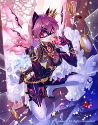  animal_ears blade_wing_rodbiss bodysuit boots bracelet cardfight!!_vanguard cat_ears clock commentary_request company_name crown female gem gloves heart high_heel_boots high_heels jewelry long_hair mask necklace official_art photoshop_(medium) pink_eyes pink_hair solo sparkle spinel_(9057) 