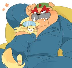  anthro bulldog canid canine canis clothing coveralls cuddling domestic_cat domestic_dog dribble_(warioware) duo felid feline felis hyaku_(artist) male mammal mastiff molosser muscular nintendo pecs size_difference sleep_fetish sleeping spitz_(warioware) warioware 