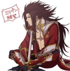  1boy abs brown_hair commentary_request fire_emblem fire_emblem_fates gloves long_hair male_focus pectorals ryoma_(fire_emblem) sandals simple_background sitting solo sou_mei topless_male white_background 