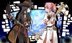  2girls akemi_homura amaiwashi bad_id bad_pixiv_id belt_pouch black_hair black_mage_(final_fantasy) black_mage_(final_fantasy)_(cosplay) blue_theme bow cloak cosplay eye_contact final_fantasy final_fantasy_xiv from_side hairbow hat head_tilt highres holding holding_weapon kaname_madoka kyuubee long_hair looking_at_another mahou_shoujo_madoka_magica mahou_shoujo_madoka_magica_(anime) multiple_girls pink_hair pocket polearm pouch profile purple_eyes short_hair short_twintails smile standing twintails wand warrior_of_light_(ff14) weapon white_mage_(final_fantasy) white_mage_(final_fantasy)_(cosplay) witch_hat 