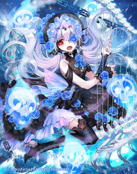  bone bow bowtie cardfight!!_vanguard chains commentary_request company_name eyepatch female flower ghost harp hat high_heels instrument long_hair low_twintails night night_sky official_art open_mouth photoshop_(medium) red_eyes sea_rumble_banshee skull sky solo spinel_(9057) star_(sky) thighhighs twintails water white_hair 