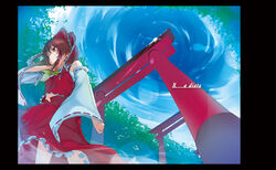  adjusting_hair bare_shoulders blue_sky bow brown_eyes brown_hair day detached_sleeves female from_below hairbow hakurei_reimu ken-1 photoshop_(medium) red_bow sky solo standing torii touhou tree 