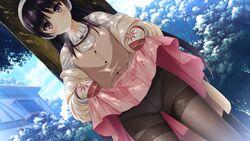  against_tree black_hair black_pantyhose bow bow_panties clothes_lift crotch_seam dutch_angle expressionless female game_cg habane_kotori hairband highres kono_oozora_ni_tsubasa_wo_hirogete long_hair long_sleeves looking_at_viewer mittens panties panties_under_pantyhose pantyhose plaid plaid_skirt skirt skirt_lift solo thighband_pantyhose tree underwear yashima_takahiro 