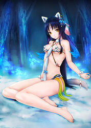  animal_ears armor bad_id bad_pixiv_id barefoot bikini_armor blue_hair bow breasts facial_mark female fingernails fox_ears fox_tail hair_ornament lips long_hair medium_breasts nail_polish original photoshop_(medium) sayika sharp_toenails sitting solo tail toenail_polish toenails tree very_long_hair yellow_eyes yokozuwari 