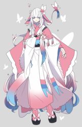  androgynous animal_ears bad_id bad_pixiv_id blue_eyes blue_hair bug butterfly full_body gender_request gradient_hair grey_background hair_ornament japanese_clothes jewelry long_hair looking_at_viewer multicolored_hair nail_polish personification pink_hair pink_legwear pink_nails pokemon purple_hair ring shikkoku_neko sidelocks simple_background solo standing sylveon very_long_hair white_butterfly white_hair wide_sleeves 