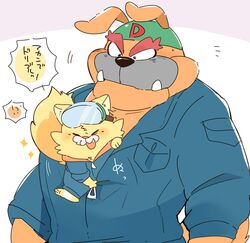  anthro bulldog canid canine canis clothed clothing coveralls domestic_cat domestic_dog dribble_(warioware) duo felid feline felis fully_clothed hyaku_(artist) japanese_text male mammal mastiff molosser nintendo size_difference spitz_(warioware) text translation_request warioware 