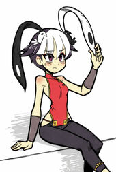  animal animal_on_head bad_id bad_pixiv_id bare_shoulders bird bird_on_head black_hair blush chinese_clothes eyeshadow female feng_(skullgirls) flat_chest frown gias-ex-machella hair_ornament makeup multicolored_hair on_head purple_eyes short_hair simple_background sitting skullgirls solo vambraces white_background white_hair 