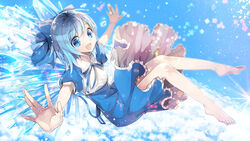  asamiyajy barefoot blue_bow blue_dress blue_eyes blue_hair bow cirno commentary dress female hairbow ice ice_wings open_mouth photoshop_(medium) puffy_sleeves ribbon short_hair smile solo touhou wings 