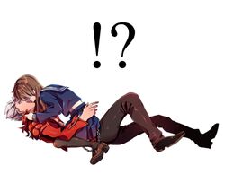  !? 1boy archer_(cool_and_wild)_(fate) archer_(fate) bad_id bad_pixiv_id brown_eyes brown_hair cowgirl_position dark-skinned_male dark_skin fate/extra fate/extra_ccc fate_(series) female jacket kishinami_hakuno_(female) kissing long_hair official_alternate_costume pantyhose red_jacket samei_ikusa school_uniform serafuku straight surprise_kiss surprised tsukumihara_academy_uniform_(fate/extra_ccc) white_hair 