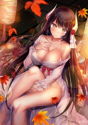  autumn_leaves azur_lane bare_shoulders barefoot black_hair blunt_bangs blush breasts cleavage collarbone commentary_request female flower groin hair_flower hair_ornament halterneck hand_on_own_chest hand_on_own_thigh hiei_(azur_lane) hiei_(moonlit_cruise)_(azur_lane) highres holding holding_own_hair horns knee_up lantern large_breasts leaf long_hair long_sleeves looking_at_viewer night off_shoulder official_alternate_costume open_mouth panties paper_lantern petals photoshop_(medium) red_ribbon ribbon signature sitting sleepwear smile solo thighs underwear wagasi_(wagasi157) yellow_eyes 