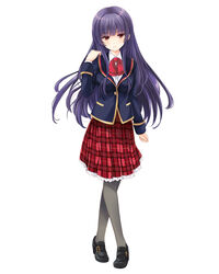  absurdres blazer female full_body girlfriend_(kari) grey_pantyhose highres jacket kagurazaka_saya loafers long_hair long_sleeves looking_at_viewer official_art pantyhose plaid plaid_skirt pleated_skirt purple_hair red_eyes shoes simple_background skirt smile solo white_background 