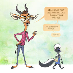  1:1 2017 antelope anthro avoid_posting birchly bovid closed_eyes clothed clothing courtney_brushmarke dialogue disney duo english_text eyewear female gerenuk glasses male mammal mephitid skunk speech_bubble text true_antelope zootopia 