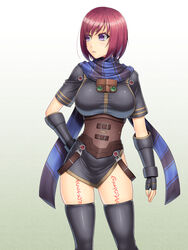  abu black_dress black_gloves black_thighhighs commentary_request cowboy_shot dress expressionless female fingerless_gloves gloves gradient_background green_background hand_on_own_hip looking_to_the_side nel_zelpher purple_eyes red_hair scarf short_hair solo star_ocean star_ocean_till_the_end_of_time striped_clothes striped_scarf tattoo thighhighs white_background 