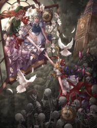  5girls apron backlighting bird blonde_hair braid broken chains clock clock_tower closed_eyes commentary dark dove dress elizabeth_tower embodiment_of_scarlet_devil feathers flandre_scarlet floating_hair flower grey_hair hat hat_ornament highres hong_meiling hourglass izayoi_sakuya long_hair looking_down maid_apron maid_headdress mob_cap multiple_girls nagi_(xx001122) patchouli_knowledge pocket_watch purple_hair reaching reaching_towards_viewer red_eyes red_hair remilia_scarlet side_ponytail skeleton smile star_(symbol) star_hat_ornament touhou tower twin_braids watch wings 