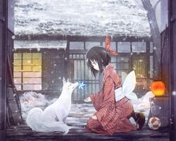  animal black_hair fox japanese_clothes original short_hair snow takano_otohiko 