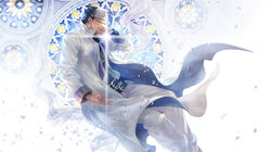  1boy aged_up blue_hair commentary_request hat ishiima_shiro jojo_no_kimyou_na_bouken kujo_jotaro long_coat male_focus md5_mismatch petals resolution_mismatch solo stained_glass white_theme 