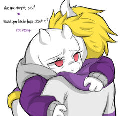  4_fingers alternate_universe altertale anthro asgore_(altertale) asgore_dreemurr blonde_hair boss_monster_(undertale) bovid caprine clothed clothing dialogue duo english_text female fingers friisans fur hair hi_res hoodie horn hug long_ears male mammal red_eyes simple_background text topwear toriel toriel_(altertale) undertale undertale_(series) white_background white_body white_fur 