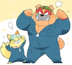  anthro bulldog canid canine canis clothing coveralls domestic_cat domestic_dog dribble_(warioware) duo felid feline felis flexing hyaku_(artist) male mammal mastiff molosser muscular nintendo pecs spitz_(warioware) warioware 