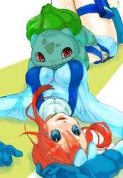  blue_eyes boots breasts bulbasaur commentary_request female gloves hair_ornament large_breasts lips long_hair lying nokuran on_back photoshop_(medium) pokemon pokemon_(creature) pokemon_bw pouch red_eyes red_hair short_shorts shorts sitting sitting_on_person skyla_(pokemon) smile suspenders thigh_pouch 