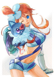  affectionate asymmetrical_hair bat_wings blue_eyes blue_shorts breasts commentary_request crop_top cropped_jacket elbow_gloves female gloves hair_ornament heart hug large_breasts long_hair midriff navel nokuran oerba_yun_fang one_eye_closed photoshop_(medium) pokemon pokemon_(creature) pokemon_bw purple_eyes red_hair short_shorts shorts skyla_(pokemon) smile suspenders turtleneck wings woobat 