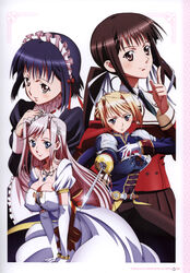  4girls absurdres binding_discoloration blush charlotte_hazellink charlotte_hazelrink cleavage erect_nipples female fujikura_yuu highres houjouin_seika maid maid_outfit multiple_girls nipples princess_lover princess_lover! scanning_resolution school_uniform screening seika_houjouin silvia_van_hossen sword sylvia_van_hossen thighhighs uniform weapon weapons 