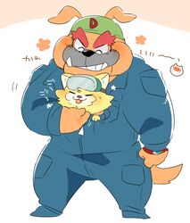  anthro bulldog canid canine canis clothing coveralls cuddling domestic_cat domestic_dog dribble_(warioware) duo felid feline felis hyaku_(artist) japanese_text male mammal mastiff molosser muscular nintendo size_difference spitz_(warioware) text translation_request warioware 